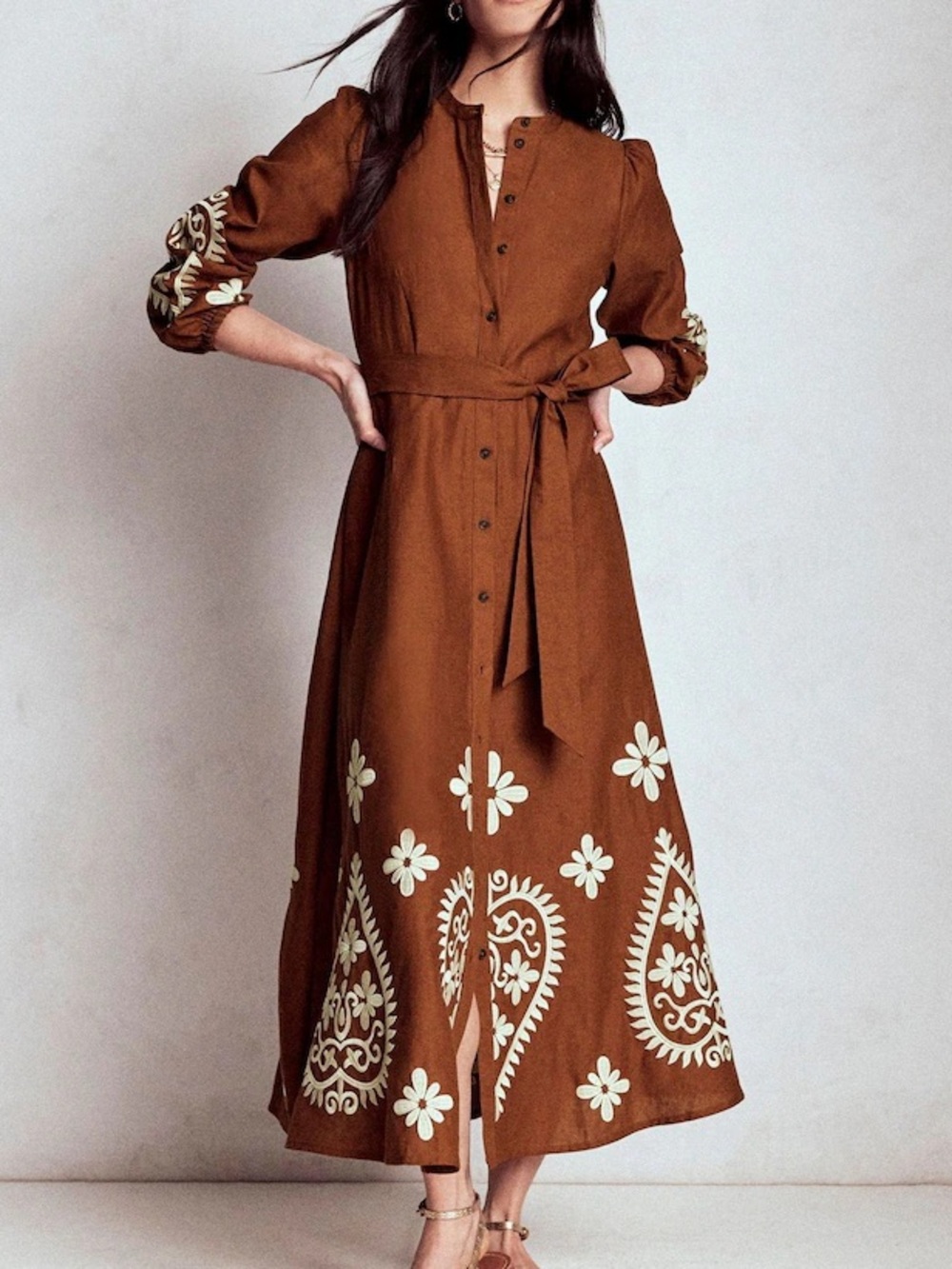 🏷️ New Boden Mae dress brown linen embroidered size 12R
